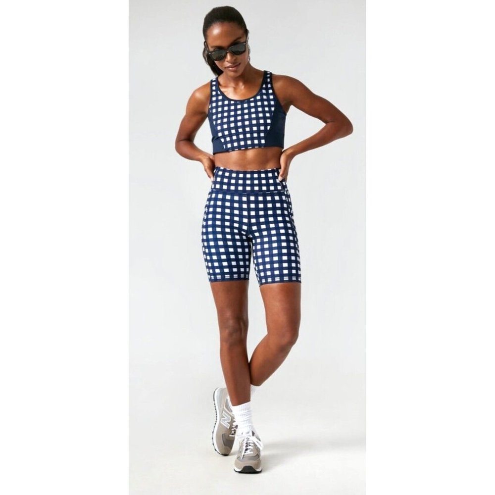 Tuckernuck 7" Compression Bike Shorts Size S Navy White Gingham Pockets Hi Rise
